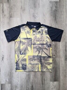 Antigua Men's L Yellow/Black Tropical Palm Tree Short Sleeve Golf Polo Shirt